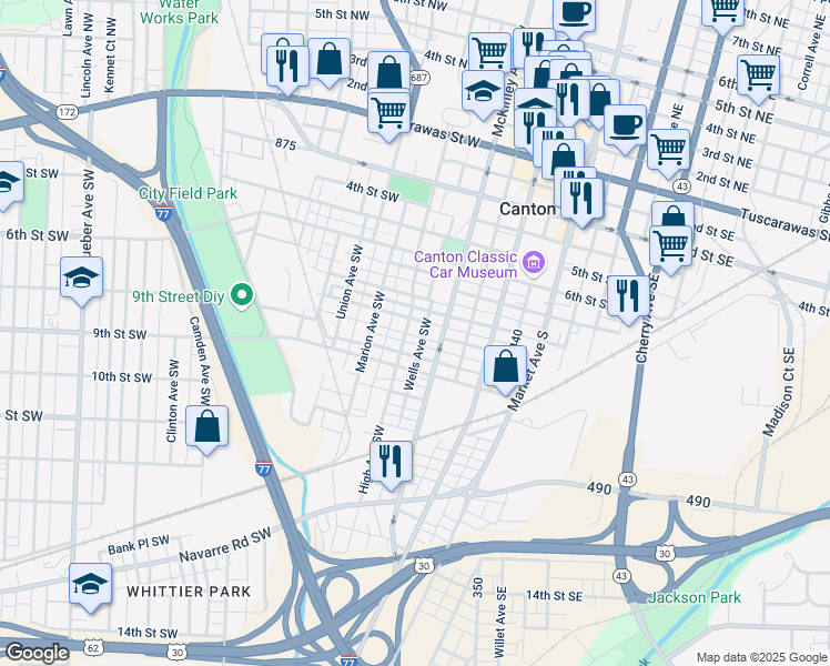 map of restaurants, bars, coffee shops, grocery stores, and more near 600 Saylor Place Southwest in Canton