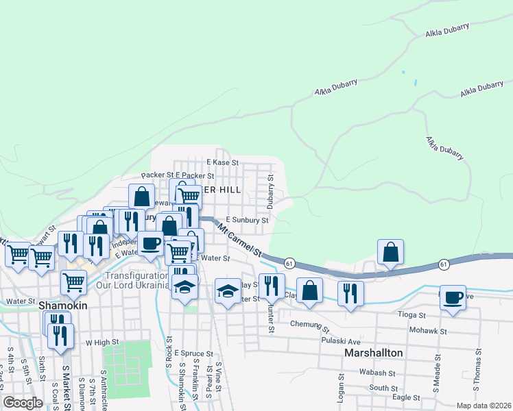 map of restaurants, bars, coffee shops, grocery stores, and more near 901 North Lombard Street in Shamokin