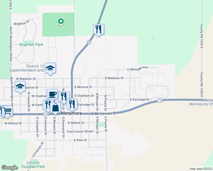 map of restaurants, bars, coffee shops, grocery stores, and more near 412 North Prairie Street in Metamora