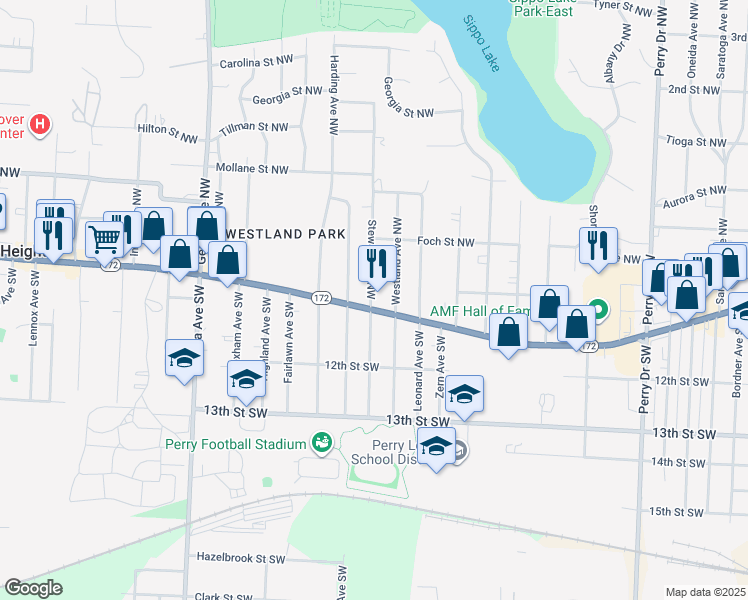 map of restaurants, bars, coffee shops, grocery stores, and more near 4030A Lincoln Way East in Massillon