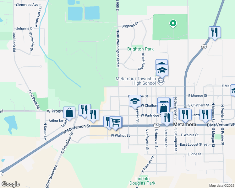 map of restaurants, bars, coffee shops, grocery stores, and more near 403 North Washington Street in Metamora