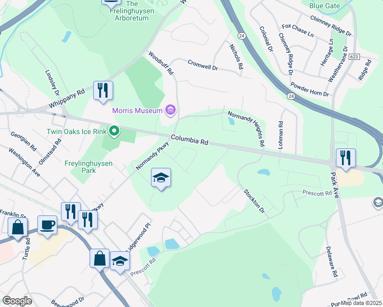 map of restaurants, bars, coffee shops, grocery stores, and more near 14 Green Knolls Road in Morristown