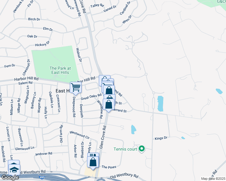 map of restaurants, bars, coffee shops, grocery stores, and more near 49 Red Ground Road in Roslyn Heights