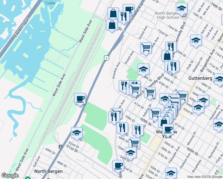 map of restaurants, bars, coffee shops, grocery stores, and more near 6121 Grand Avenue in North Bergen