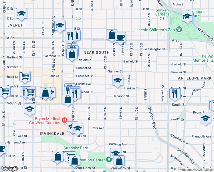 map of restaurants, bars, coffee shops, grocery stores, and more near 2001 Euclid Avenue in Lincoln