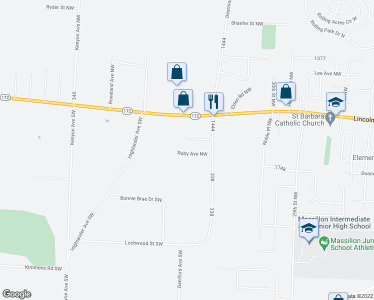 map of restaurants, bars, coffee shops, grocery stores, and more near 3260 Ruby Avenue Northwest in Massillon