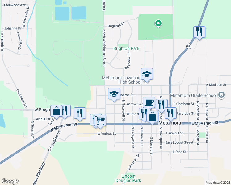 map of restaurants, bars, coffee shops, grocery stores, and more near 400-518 W Madison St in Metamora