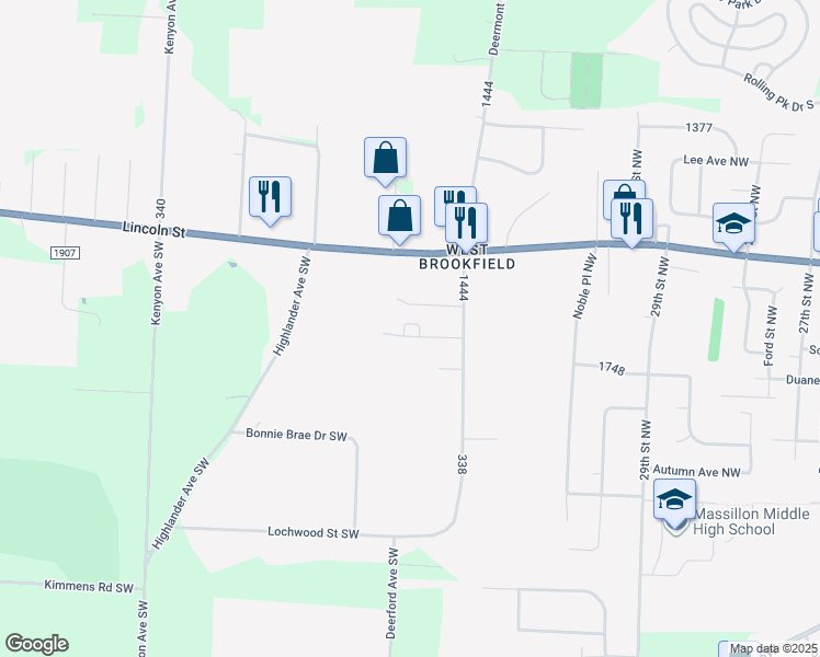 map of restaurants, bars, coffee shops, grocery stores, and more near 3260 Ruby Avenue Northwest in Massillon