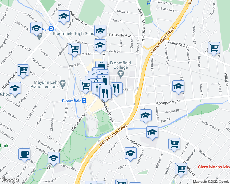 map of restaurants, bars, coffee shops, grocery stores, and more near 75 Fremont Street in Bloomfield