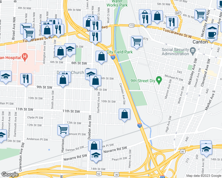 map of restaurants, bars, coffee shops, grocery stores, and more near 1615 9th Street Southwest in Canton