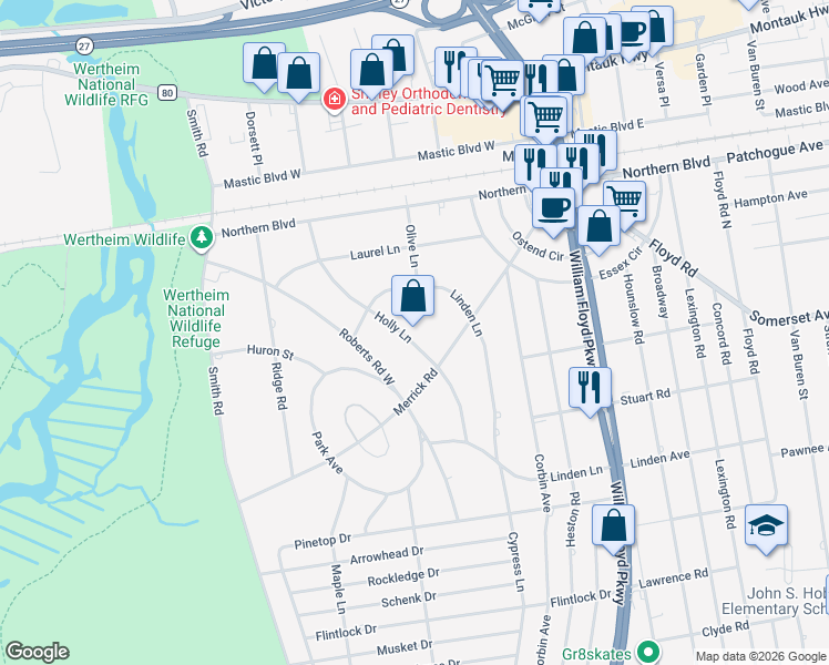 map of restaurants, bars, coffee shops, grocery stores, and more near 25 Holly Lane in Shirley