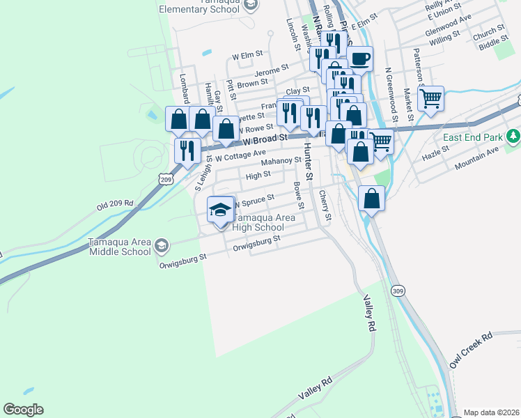 map of restaurants, bars, coffee shops, grocery stores, and more near 232 West Spruce Street in Tamaqua