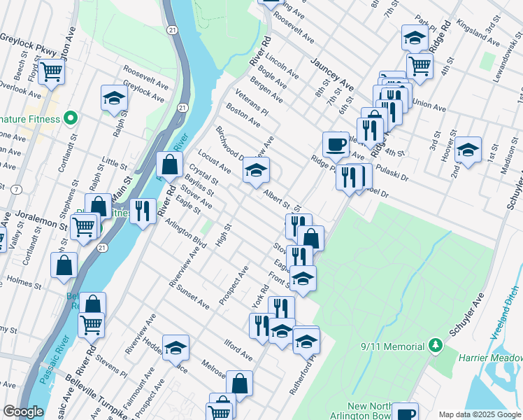 map of restaurants, bars, coffee shops, grocery stores, and more near 155 Biltmore Street in North Arlington