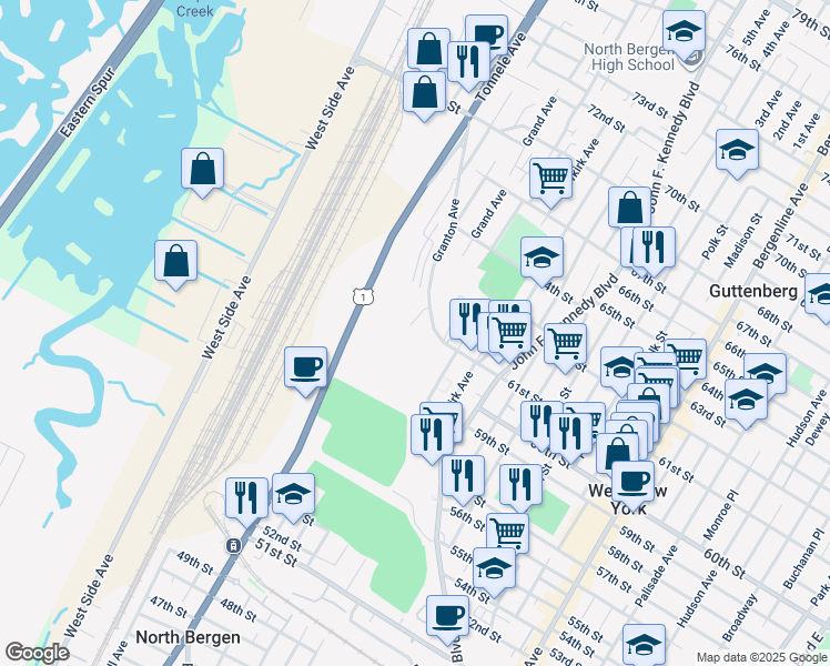 map of restaurants, bars, coffee shops, grocery stores, and more near 6115 Granton Avenue in North Bergen