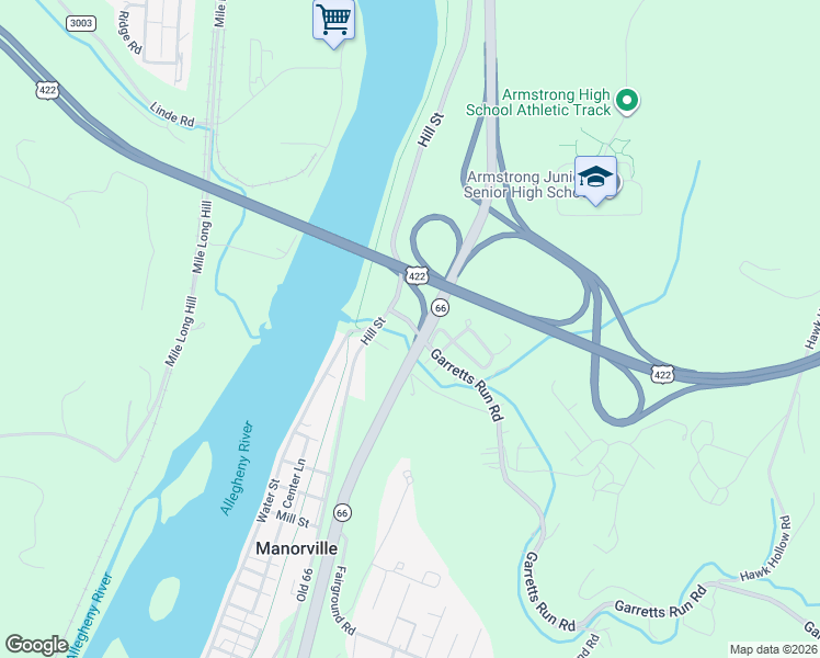 map of restaurants, bars, coffee shops, grocery stores, and more near 110 Garretts Run Road in Kittanning