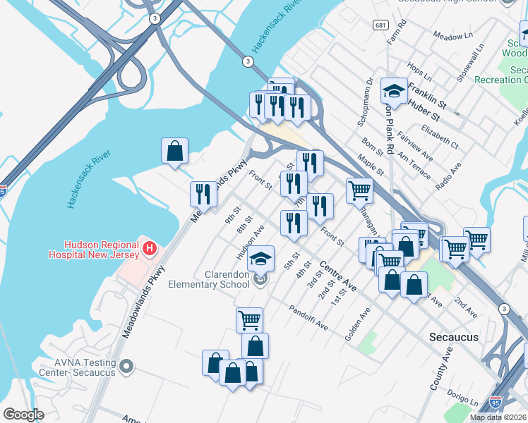 map of restaurants, bars, coffee shops, grocery stores, and more near 767 Hudson Avenue in Secaucus