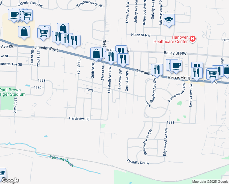map of restaurants, bars, coffee shops, grocery stores, and more near 2821 Connecticut Street Southwest in Massillon