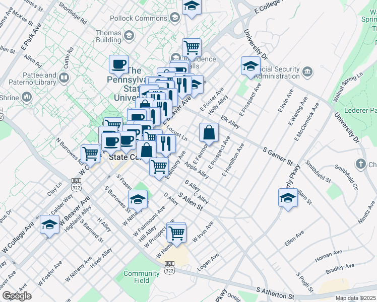 map of restaurants, bars, coffee shops, grocery stores, and more near 255 East Fairmount Avenue in State College