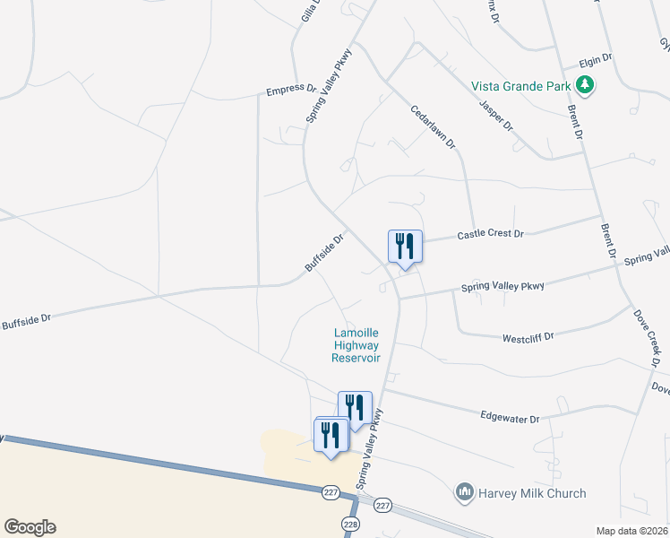 map of restaurants, bars, coffee shops, grocery stores, and more near 384 Buffside Court in Spring Creek