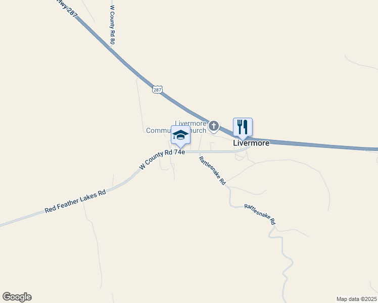 map of restaurants, bars, coffee shops, grocery stores, and more near 360 Red Feather Lakes Road in Laporte