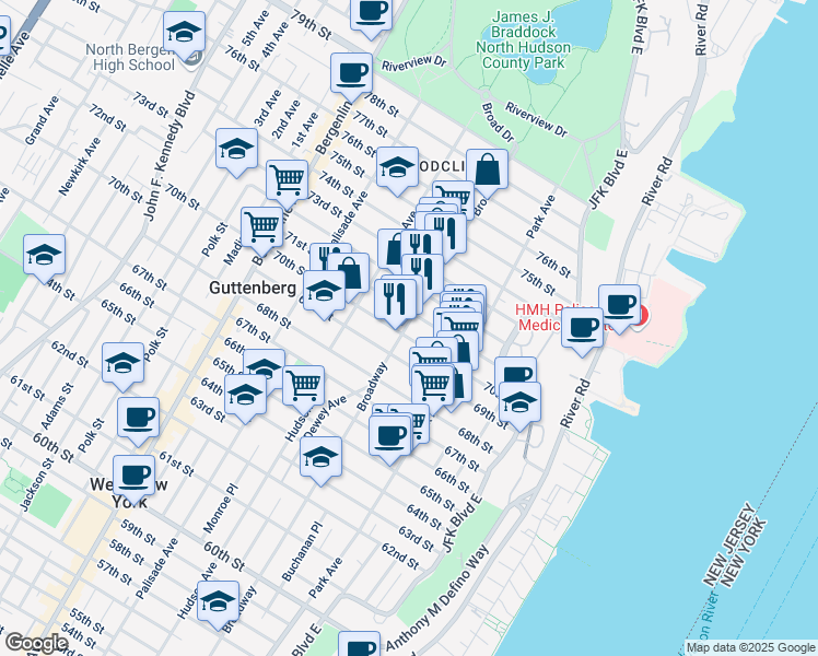 map of restaurants, bars, coffee shops, grocery stores, and more near 204 70th Street in Guttenberg