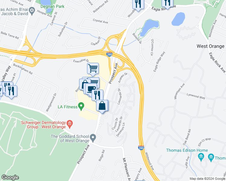map of restaurants, bars, coffee shops, grocery stores, and more near 65 Vacca Drive in West Orange