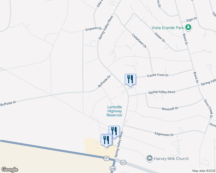 map of restaurants, bars, coffee shops, grocery stores, and more near 384 Buffside Court in Spring Creek