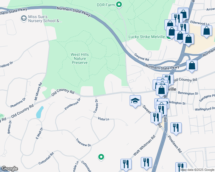 map of restaurants, bars, coffee shops, grocery stores, and more near 4 Country Meadow Court in Melville