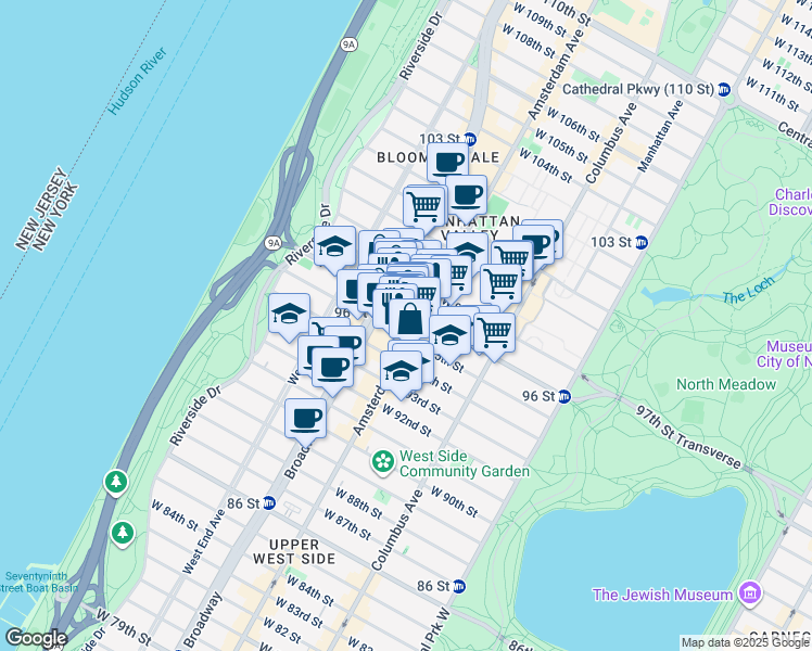 map of restaurants, bars, coffee shops, grocery stores, and more near 726 Amsterdam Avenue in New York
