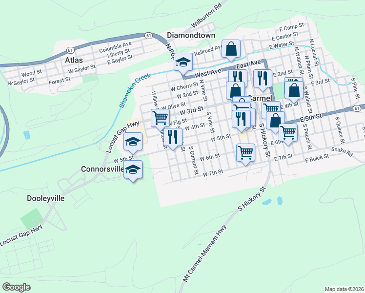 map of restaurants, bars, coffee shops, grocery stores, and more near South Beech Street in Mount Carmel