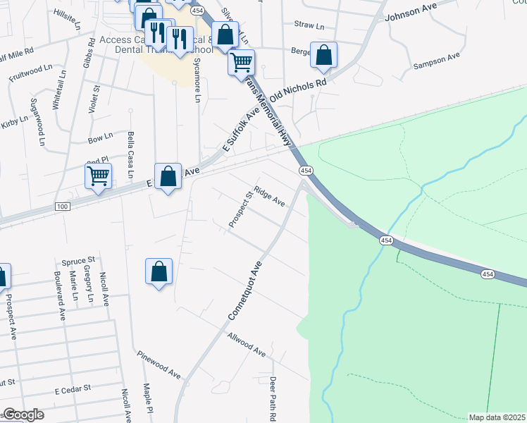 map of restaurants, bars, coffee shops, grocery stores, and more near 74 Ridge Avenue in Central Islip