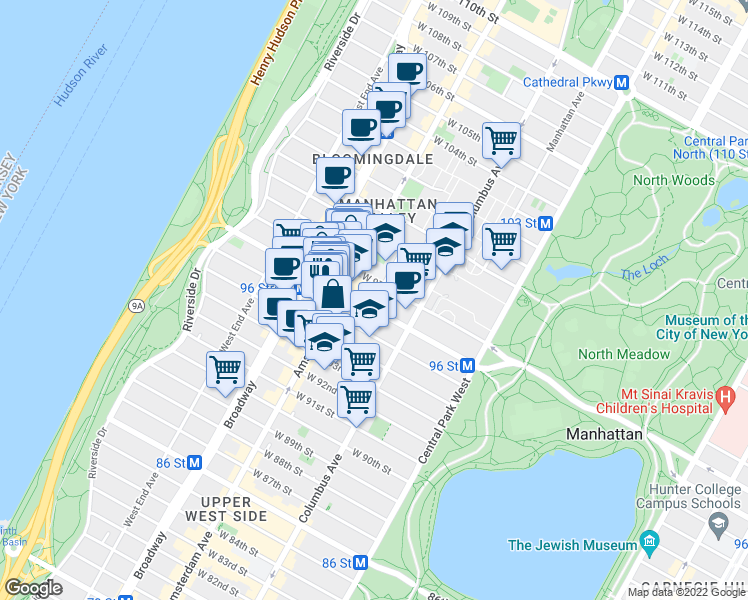 map of restaurants, bars, coffee shops, grocery stores, and more near in New York