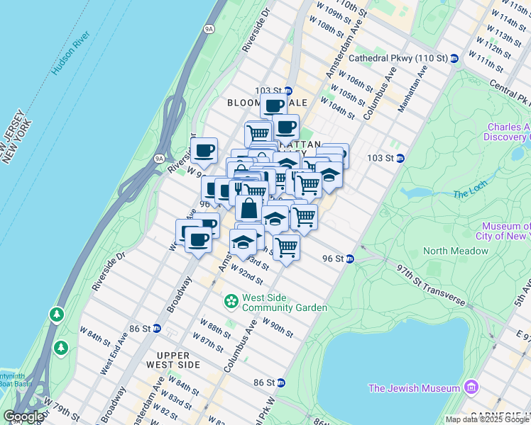 map of restaurants, bars, coffee shops, grocery stores, and more near 743 Amsterdam Avenue in New York