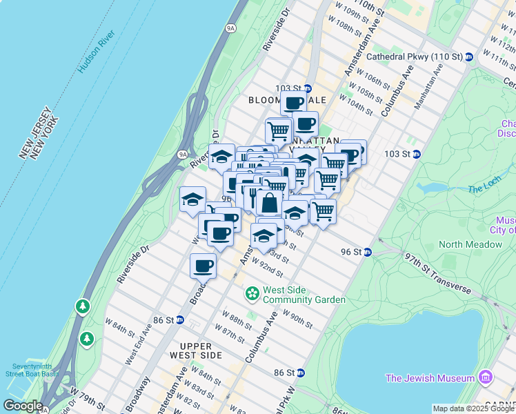 map of restaurants, bars, coffee shops, grocery stores, and more near 202 West 96th Street in New York