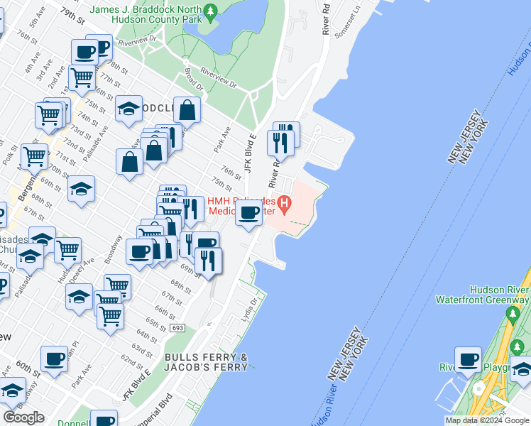 map of restaurants, bars, coffee shops, grocery stores, and more near 7440 Boulevard East in North Bergen