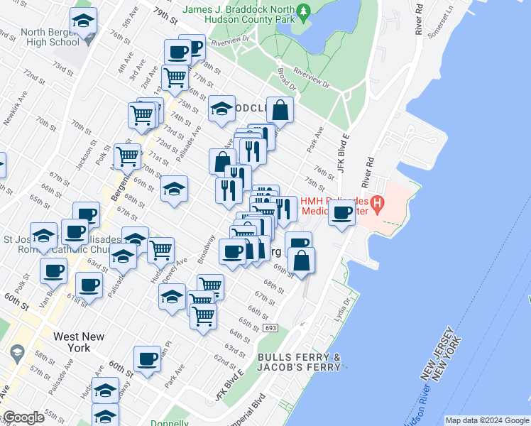 map of restaurants, bars, coffee shops, grocery stores, and more near 7203 Park Avenue in North Bergen