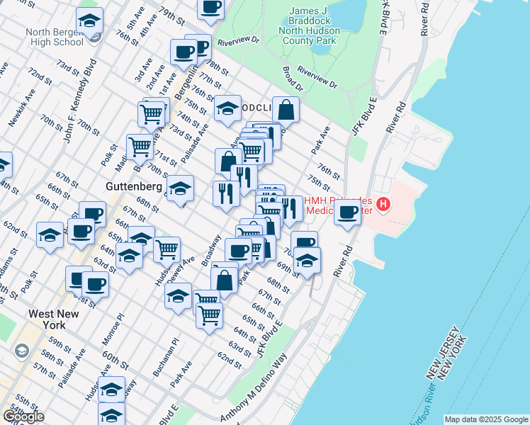 map of restaurants, bars, coffee shops, grocery stores, and more near in Hudson County