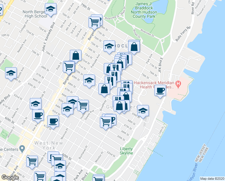 map of restaurants, bars, coffee shops, grocery stores, and more near 204 70th Street in Guttenberg
