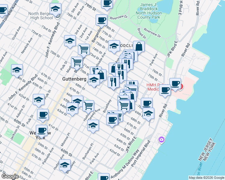 map of restaurants, bars, coffee shops, grocery stores, and more near 204 70th Street in Guttenberg