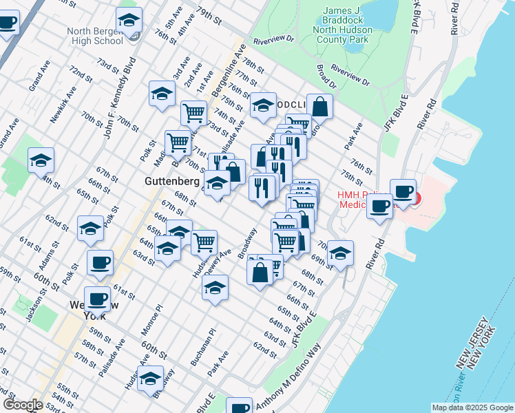 map of restaurants, bars, coffee shops, grocery stores, and more near in Guttenberg