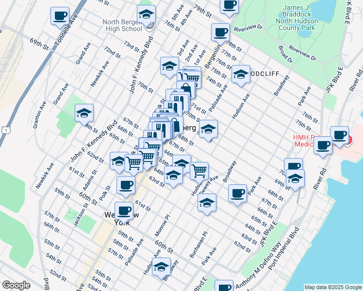 map of restaurants, bars, coffee shops, grocery stores, and more near 439 67th Street in West New York
