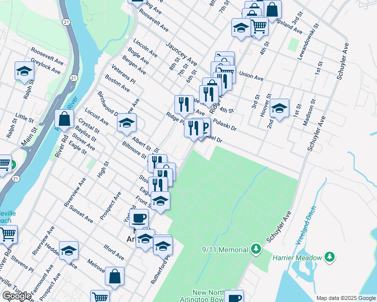 map of restaurants, bars, coffee shops, grocery stores, and more near 425 Ridge Road in North Arlington