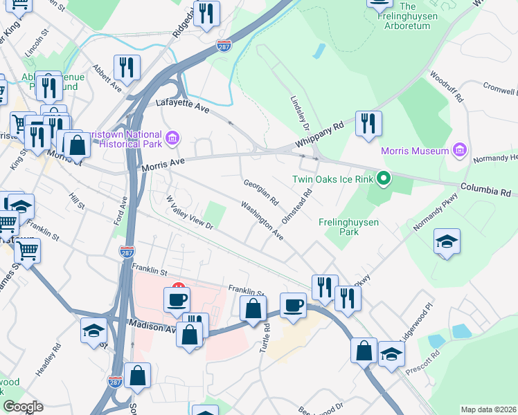 map of restaurants, bars, coffee shops, grocery stores, and more near 47 Georgian Road in Morristown