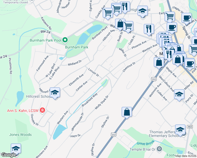 map of restaurants, bars, coffee shops, grocery stores, and more near 129 Western Avenue in Morristown
