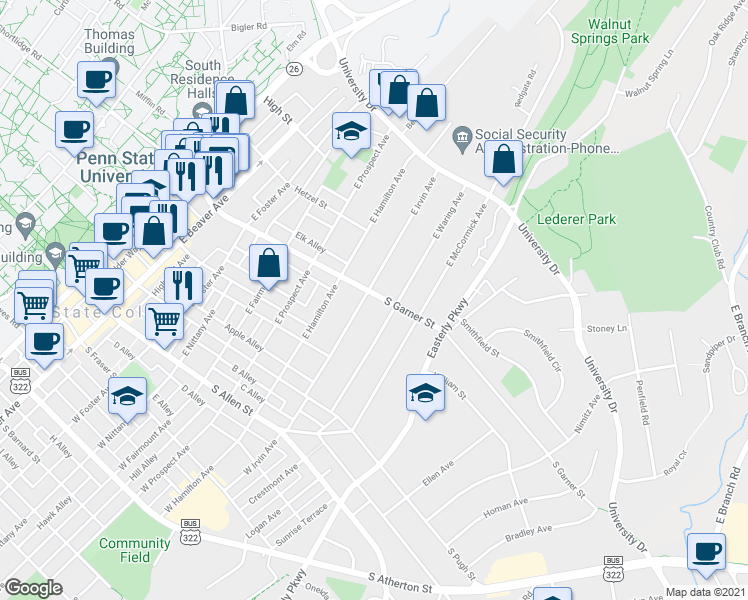 map of restaurants, bars, coffee shops, grocery stores, and more near 815 South Garner Street in State College