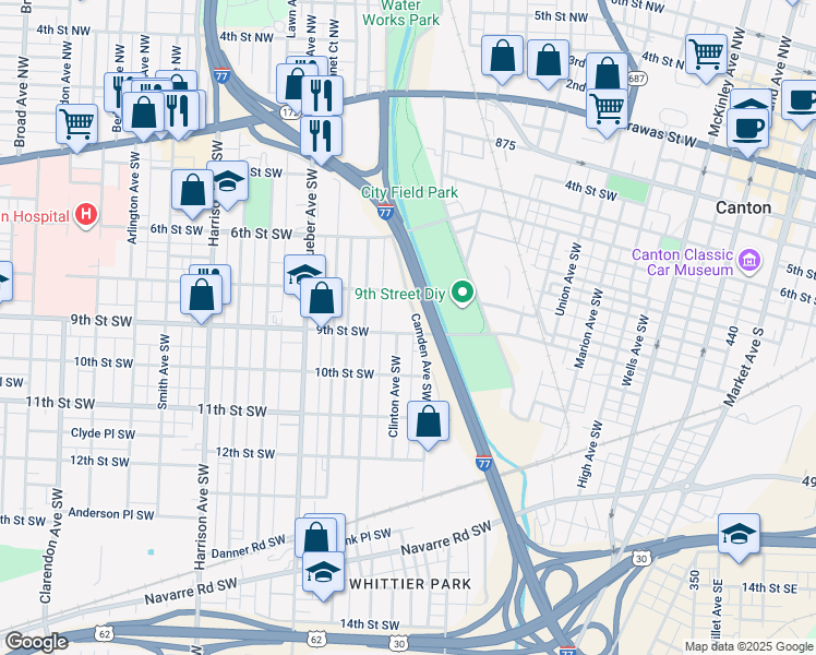 map of restaurants, bars, coffee shops, grocery stores, and more near 729 Camden Avenue Southwest in Canton