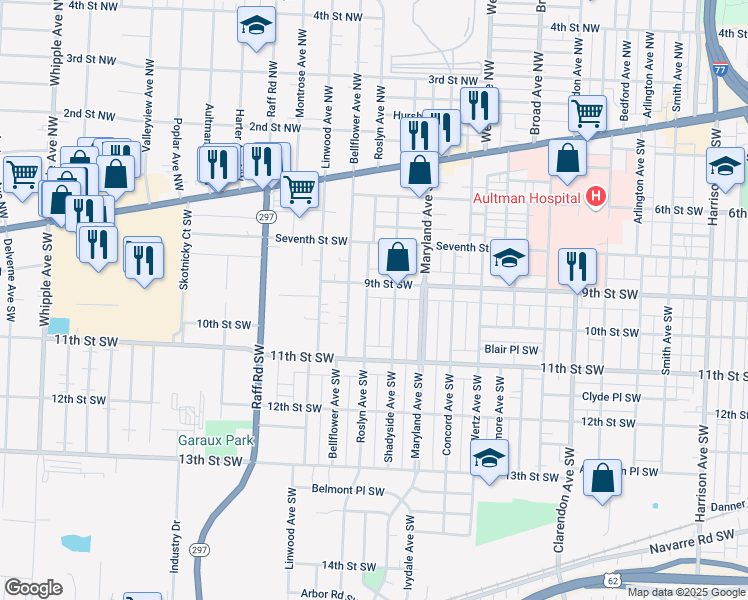 map of restaurants, bars, coffee shops, grocery stores, and more near 910 Roslyn Avenue Southwest in Canton