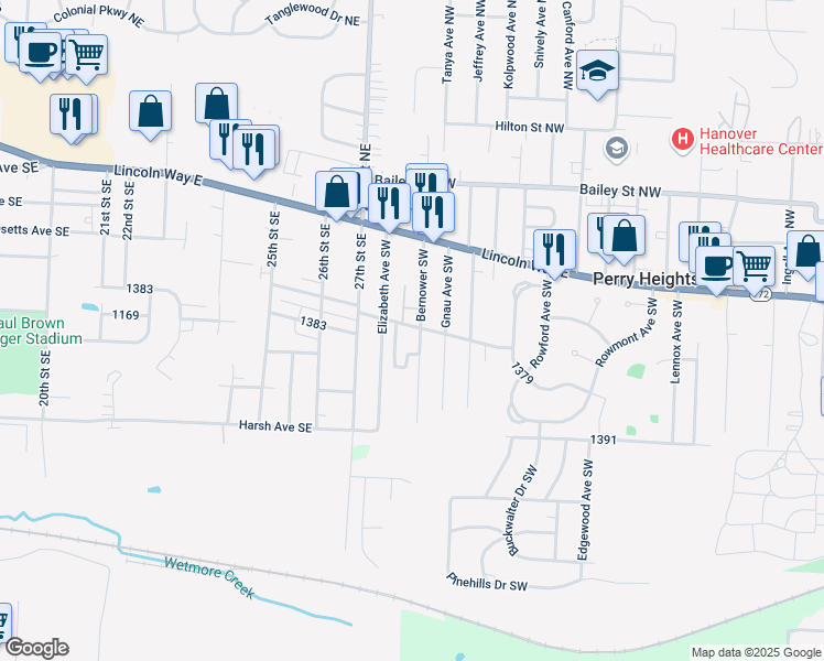 map of restaurants, bars, coffee shops, grocery stores, and more near 2821 Connecticut Street Southwest in Massillon