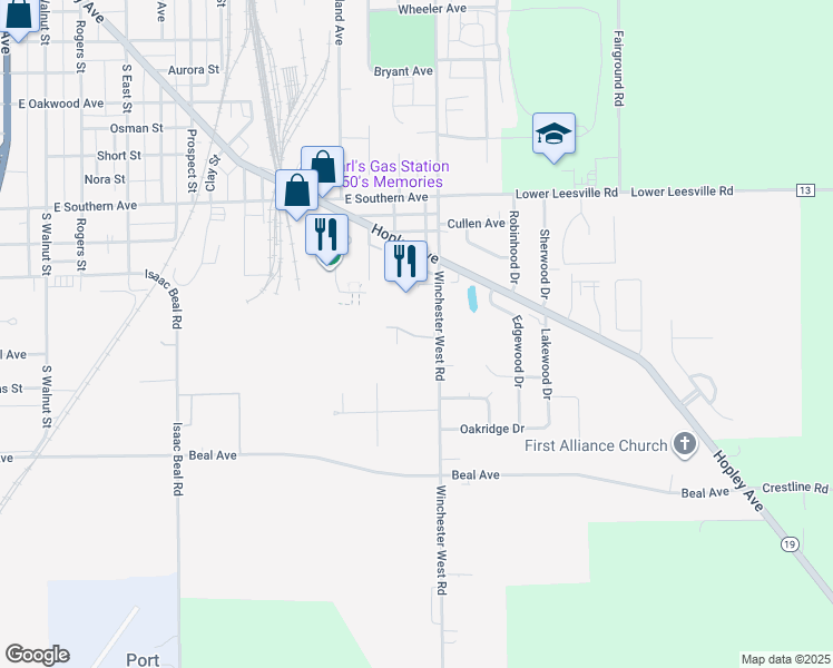 map of restaurants, bars, coffee shops, grocery stores, and more near 1325 Whetstone Street in Bucyrus