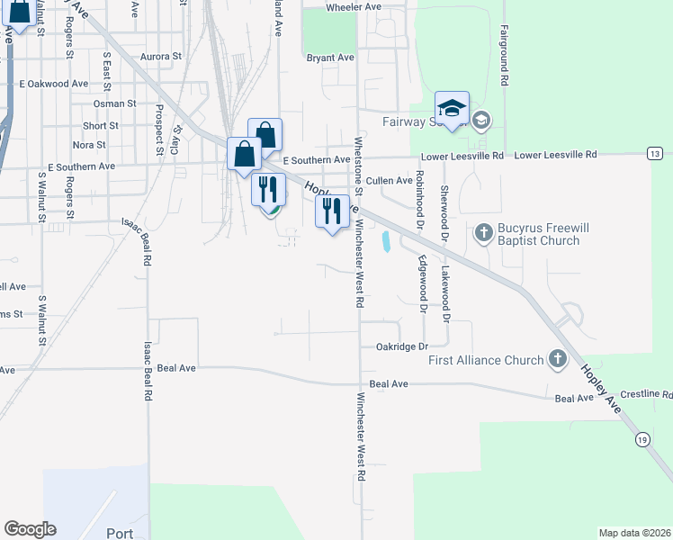 map of restaurants, bars, coffee shops, grocery stores, and more near 1325 Whetstone Street in Bucyrus